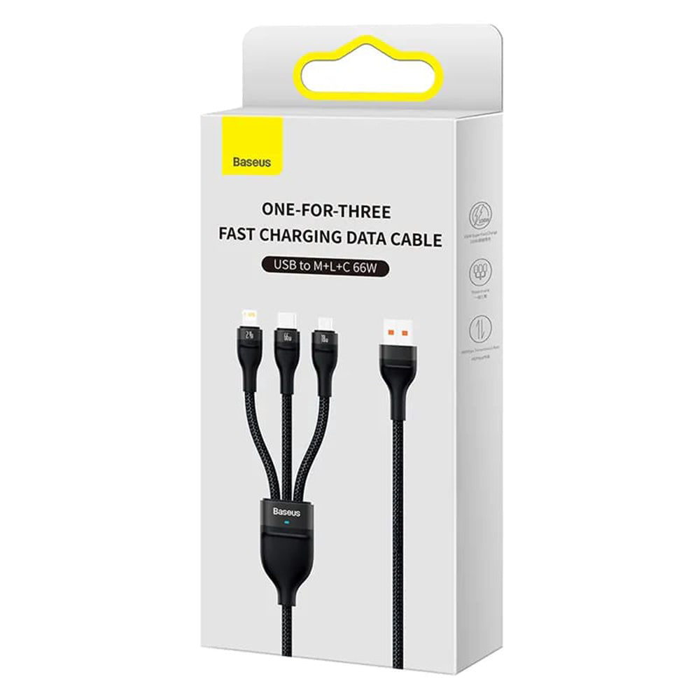 Καλώδιο Φόρτισης USB-A - Lightning / microUSB / USB-C Baseus Flash Series II 3σε1, 66W, 1.2m, Μαύρο CASS040001
