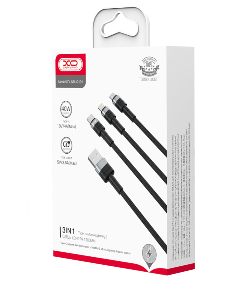 Καλώδιο Φόρτισης USB-A - Lightning / microUSB / USB-C XO Design NB-Q191 3σε1, 66W, 1.2m, Μαύρο