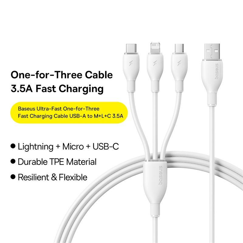 Καλώδιο Φόρτισης USB-A - Lightning / microUSB / USB-C Baseus Ultra Fast 3in1, 18W, 1.3m, Λευκό P10376303211-00