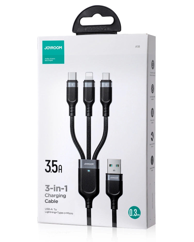 Καλώδιο Φόρτισης USB-A - Lightning / microUSB / USB-C Joyroom S-A18 3σε1, 20W, 0.3m, Μαύρο