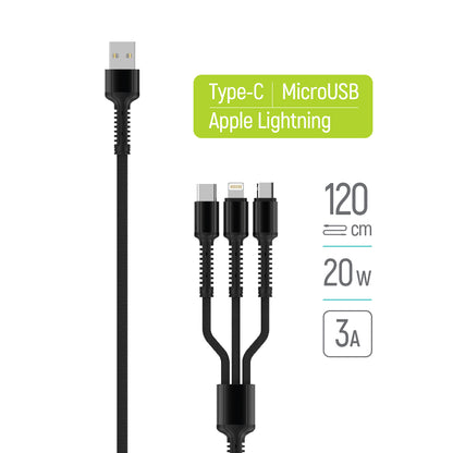 Καλώδιο Φόρτισης USB-A - Lightning / microUSB / USB-C ColorWay CW-CBU3003, 20W, 1.2m, Γκρι