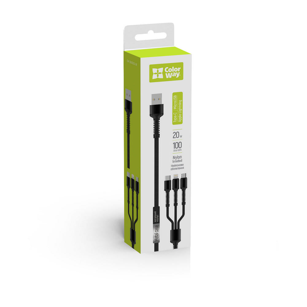 Καλώδιο Φόρτισης USB-A - Lightning / microUSB / USB-C ColorWay CW-CBU3003, 20W, 1.2m, Γκρι