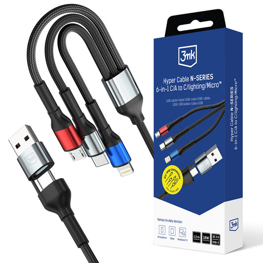 Καλώδιο Φόρτισης USB-A / USB-C - Lightning / microUSB / USB-C 3MK Hyper N, 18W, 1.2m, Μαύρο