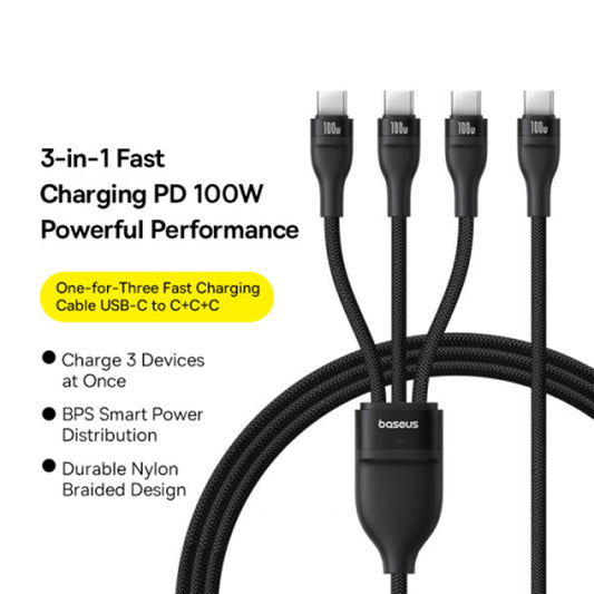 Καλώδιο Φόρτισης USB-C - 3 x USB-C Baseus Flash Series III 3in1, 100W, 1.5m, Μαύρο P10377503111-00