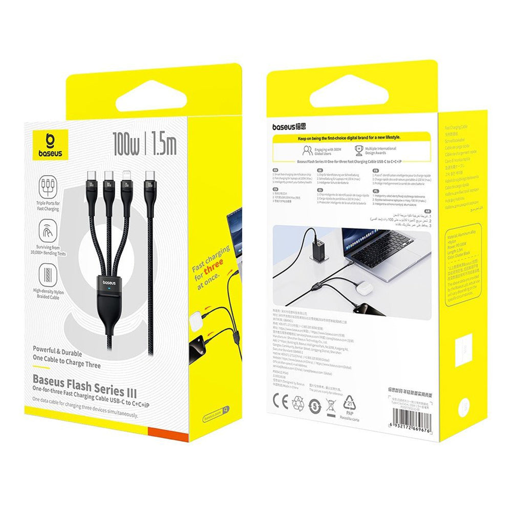 Καλώδιο Φόρτισης USB-C - Lightning / 2 x USB-C Baseus Flash Series III 3in1, 100W, 1.5m, Μαύρο P10377502111-00