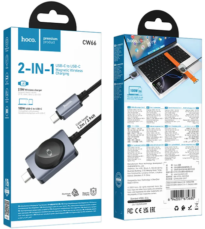 USB-C Charging Cable - USB-C HOCO CW66 2in1, 100W, 1.2m, Black