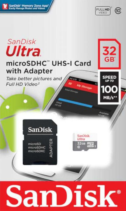 Κάρτα Μνήμης microSDHC SanDisk Ultra, 32Gb, Κλάση 10, Με Προσαρμογέα SDSQUNR-032G-GN3MA