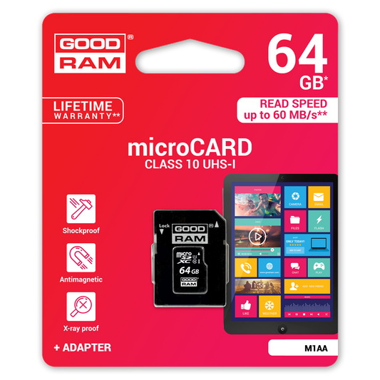 Κάρτα Μνήμης microSDXC GoodRam, 64Gb, Κατηγορία 10 / UHS-1 U1, Με Αντάπτορα M1AA-0640R12