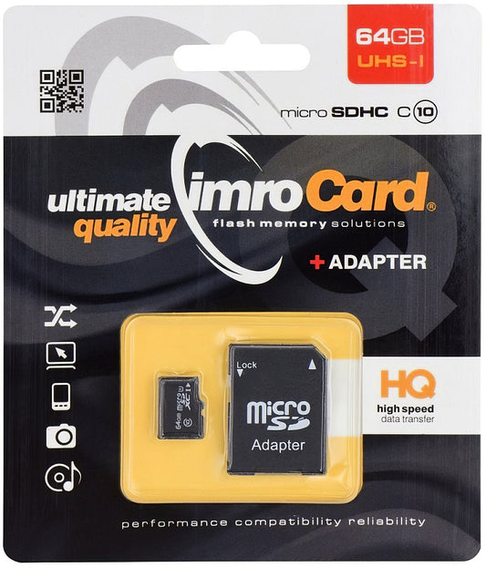 Κάρτα Μνήμης microSDXC Imro, 64Gb, Κατηγορία 10 / UHS-1 U1, Με Αντάπτορα