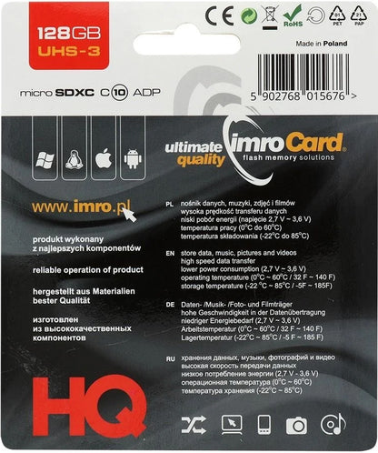 Imro microSDXC Memory Card, 128Gb, Class 10 / UHS-1 U3, With Adapter