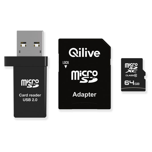 Κάρτα Μνήμης microSDXC Qilive, 64Gb, Κλάση 10, Με Αναγνώστη Κάρτας και Προσαρμογέα EKMSDM64GXC10QL