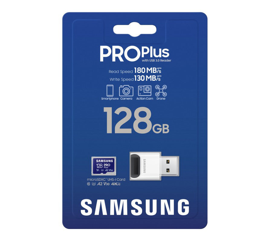 Κάρτα Μνήμης microSDXC Samsung PRO Plus, 128Gb, Κλάση 10 / UHS-1 U3, με Αναγνώστη Καρτών MB-MD128SB/WW