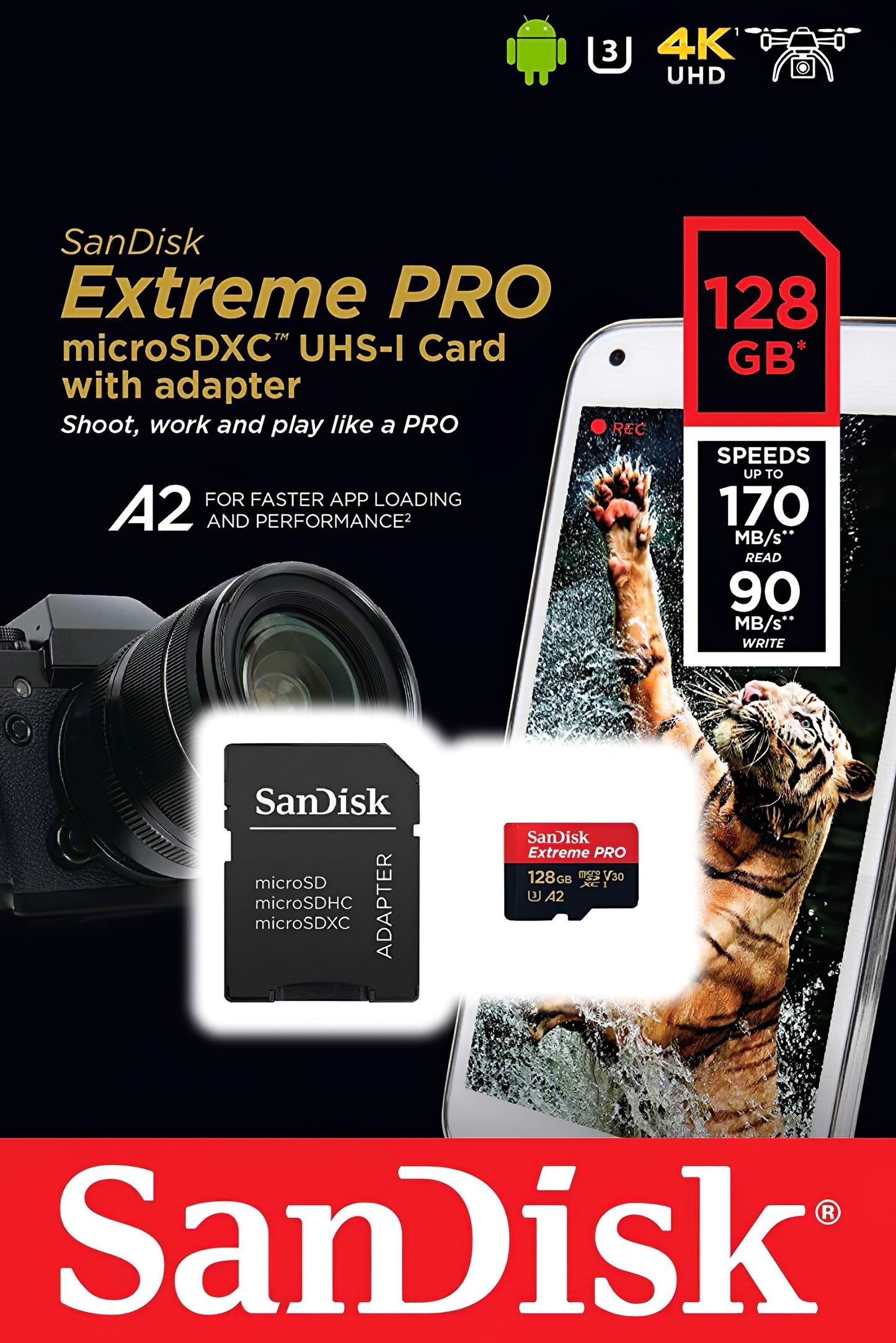Κάρτα Μνήμης microSDXC SanDisk Extreme Pro, 128Gb, Κλάση 10 / UHS-1 U3, Με Προσαρμογέα SDSQXCD-128G-GN6MA