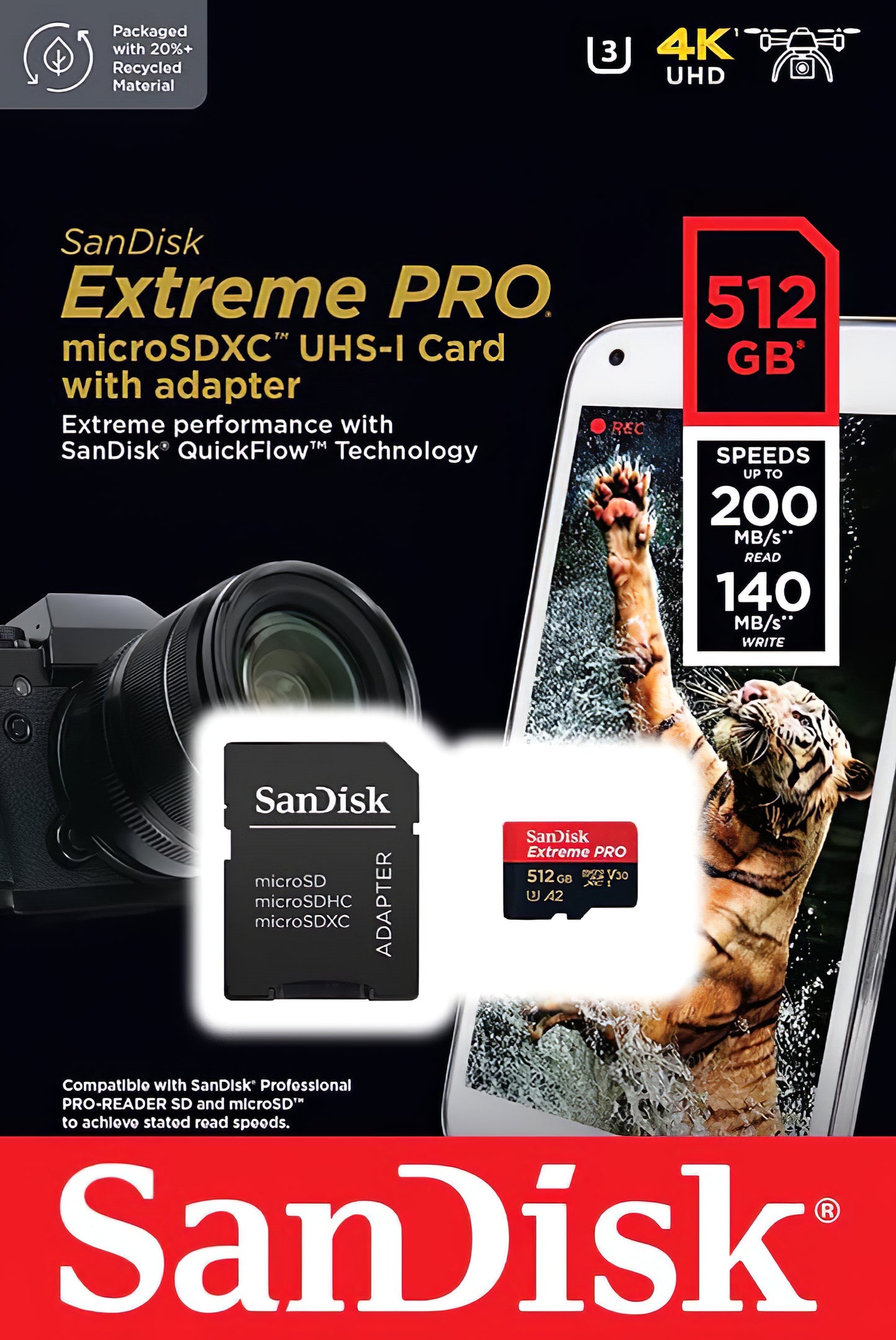 Κάρτα Μνήμης microSDXC SanDisk Extreme Pro, 512Gb, Κλάση 10 / UHS-1 U3, Με Προσαρμογέα SDSQXCD-512G-GN6MA