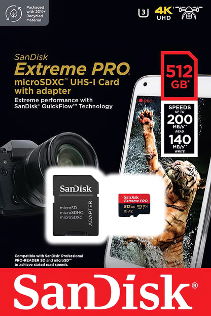 Κάρτα Μνήμης microSDXC SanDisk Extreme Pro, 512Gb, Κλάση 10 / UHS-1 U3, Με Προσαρμογέα SDSQXCD-512G-GN6MA