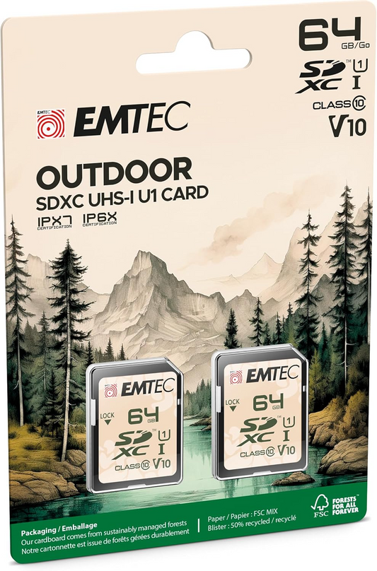 Κάρτα Μνήμης SDXC Emtec Rugged Outdoor, 64Gb, Κατηγορία 10 / UHS-1 U1, Σετ 2 τεμάχια ECMSD64GXCU1ORP2