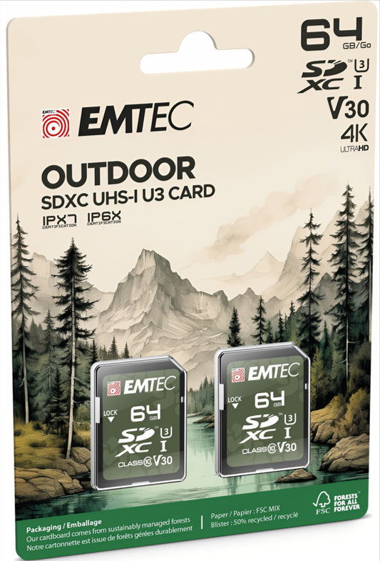 Κάρτα Μνήμης SDXC Emtec Rugged Outdoor, 64Gb, Κατηγορία 10 / UHS-1 U3, Σετ 2 τεμάχια ECMSD64GXCU3ORP