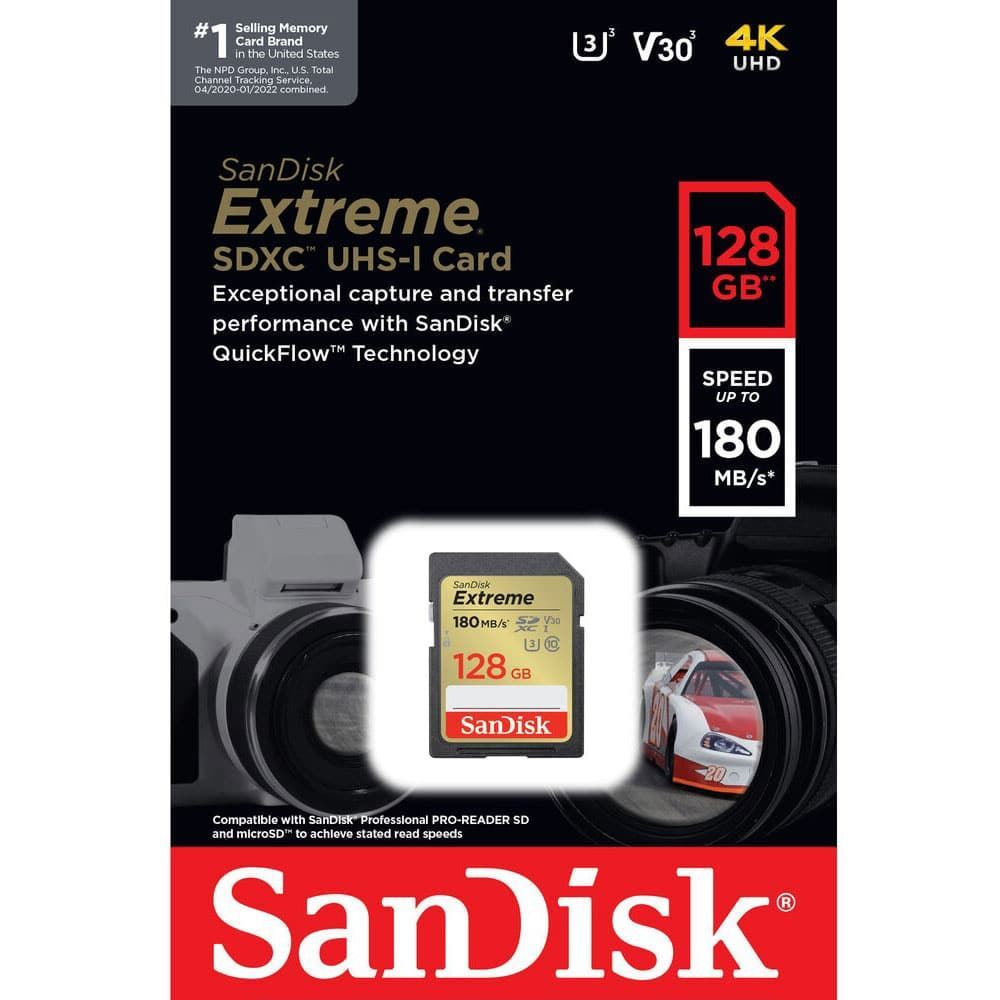 Κάρτα Μνήμης SDXC SanDisk Extreme, 128Gb, Κλάση 10 / UHS-1 U3 SDSDXVA-128G-GNCIN