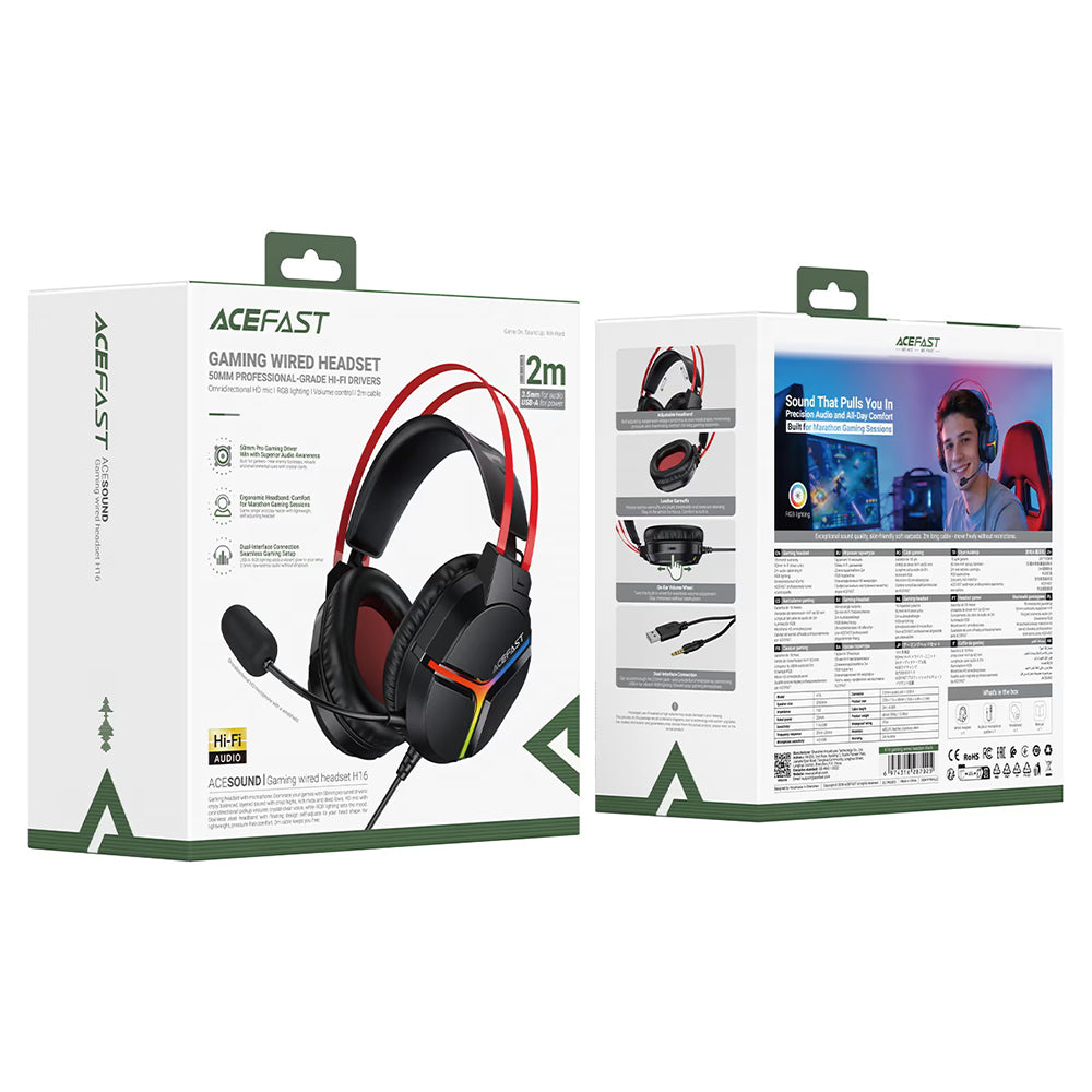 Ακουστικά Gaming 3.5mm Acefast H16, RGB, 2μ, Μαύρα