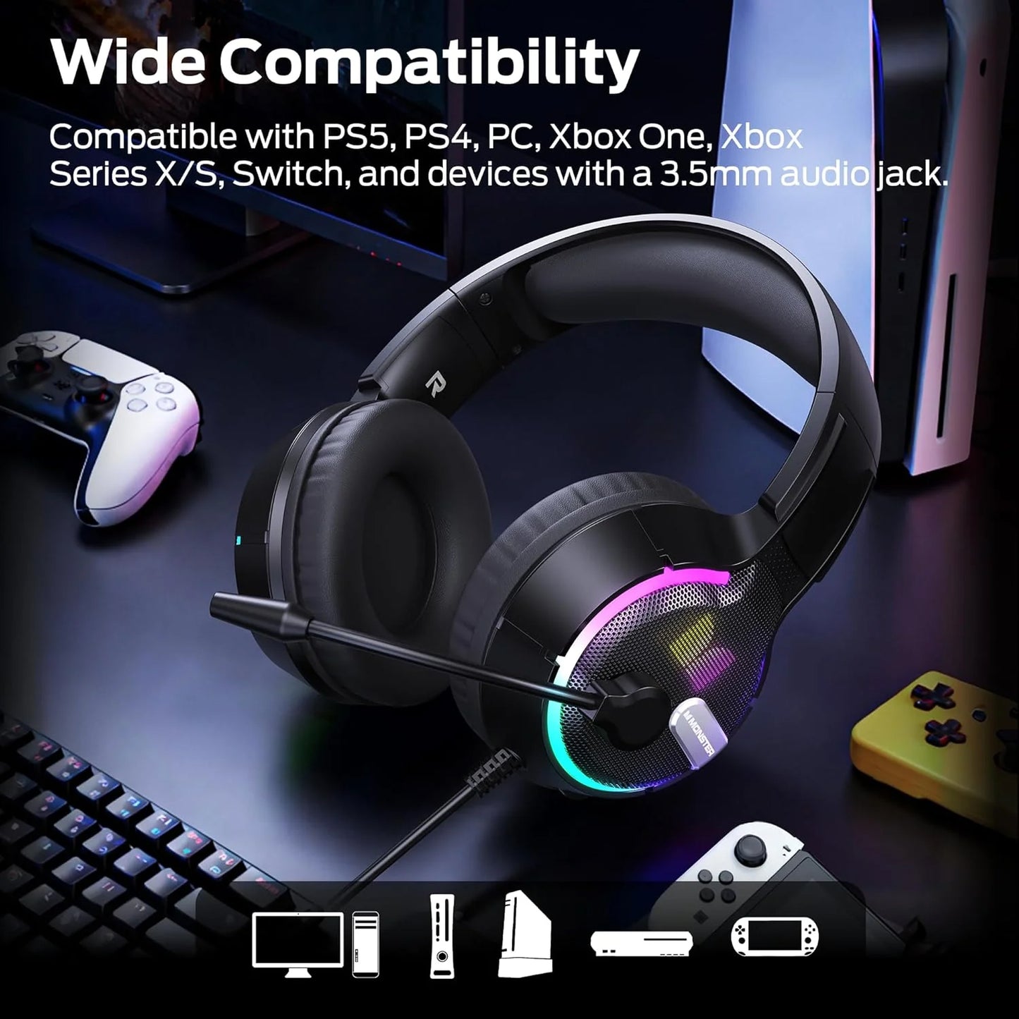 Gaming Headphones 3.5mm Monster Mission 320, RGB, 1.9m, Black