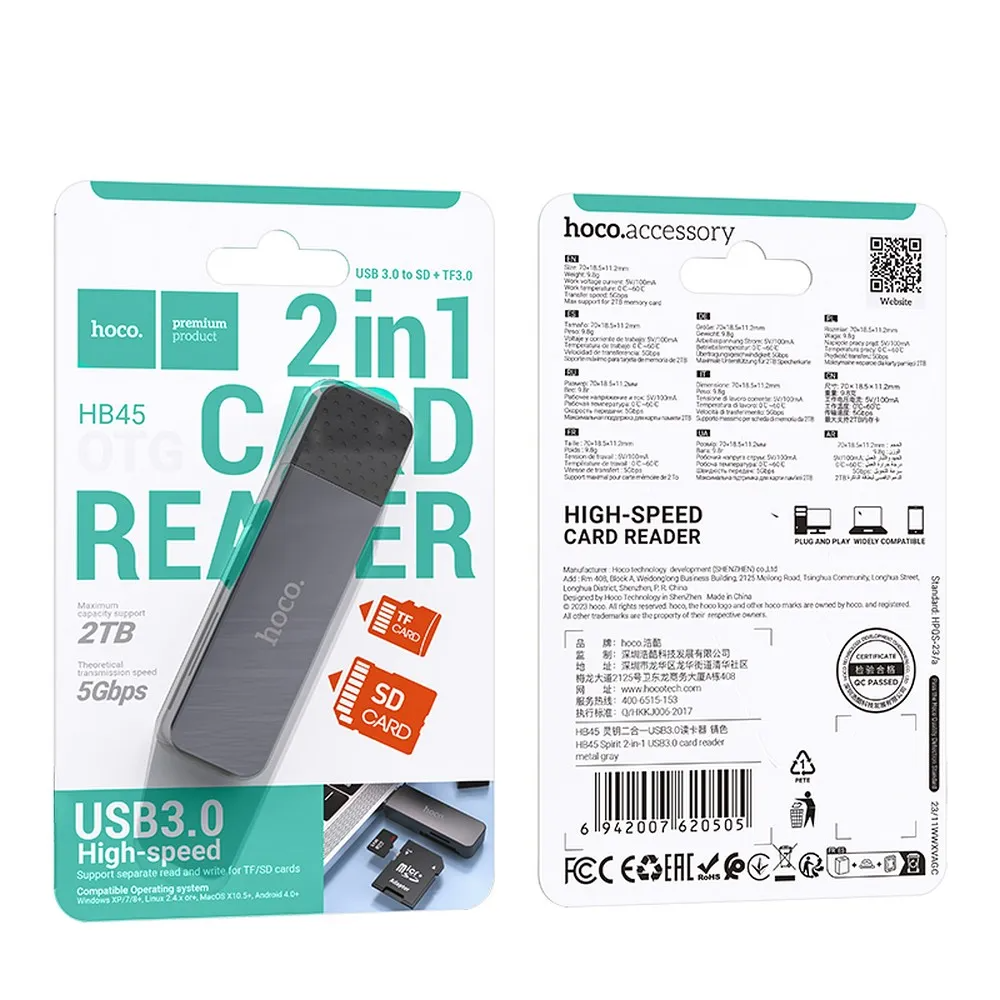 USB 3.0 HOCO HB45 Card Reader, SD - microSD, Gray