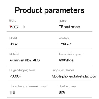 Αναγνώστης Καρτών USB Yesido GS37, microSD, Μαύρος