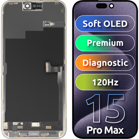Οθόνη με Touchscreen MP συμβατή με Apple iPhone 15 Pro Max, με Πλαίσιο, Premium Έκδοση Soft OLED FHD 120Hz Διαγνωστική, Μαύρο, Επανασφραγισμένο