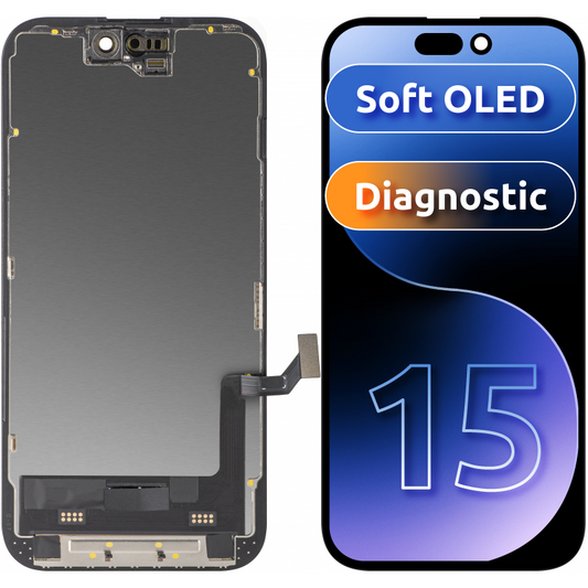 Οθόνη με Touchscreen MP συμβατή με Apple iPhone 15, με Πλαίσιο, Έκδοση Soft OLED FHD Diagnostic, Μαύρη