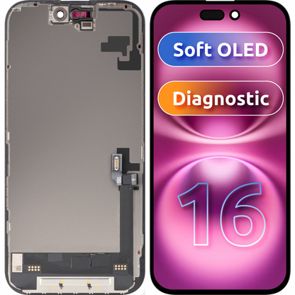 Οθόνη με Αφή MP συμβατή με Apple iPhone 16, με Πλαίσιο, Έκδοση Soft OLED FHD Diagnostic, Μαύρη