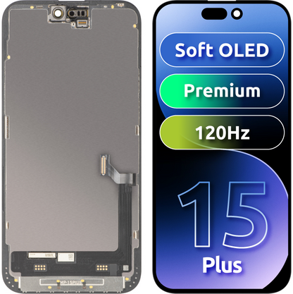 Οθόνη με Touchscreen MP συμβατή με Apple iPhone 15 Plus, με Πλαίσιο, Premium Έκδοση Soft OLED FHD 120Hz, Μαύρο