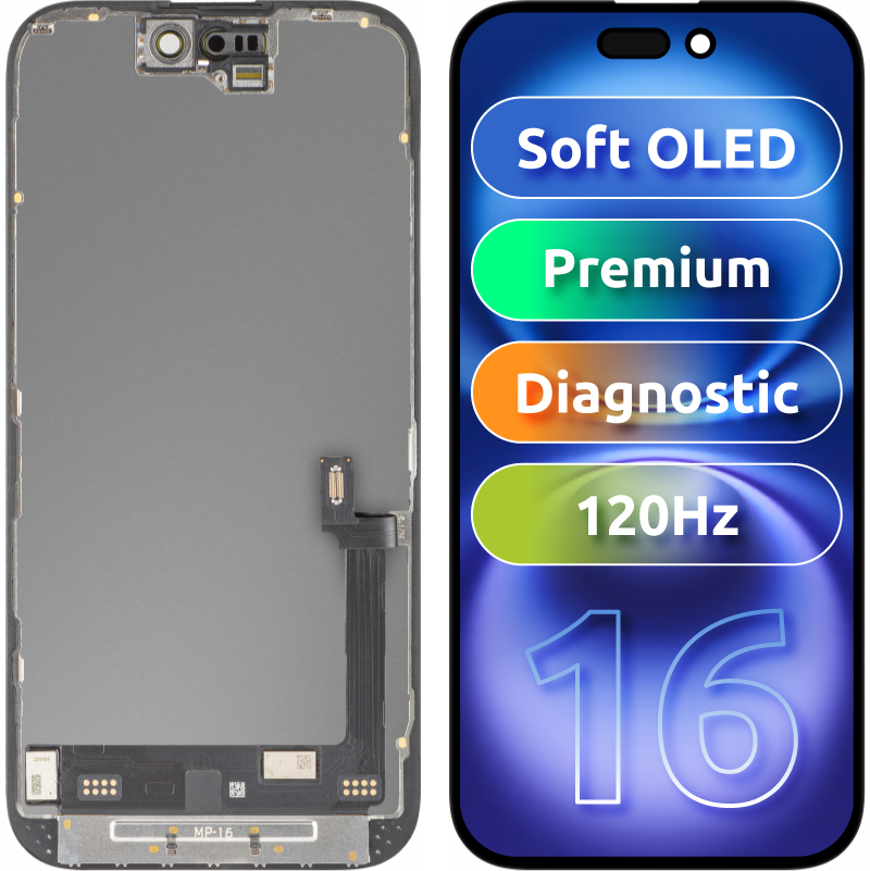 Οθόνη με Touchscreen MP συμβατή με Apple iPhone 16, με Πλαίσιο, Premium Έκδοση Soft OLED FHD 120Hz Διαγνωστική, Μαύρο