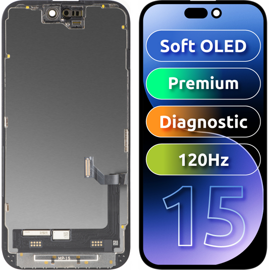 Οθόνη με Touchscreen MP συμβατή με Apple iPhone 15, με Πλαίσιο, Premium Έκδοση Soft OLED FHD 120Hz Διαγνωστική, Μαύρο