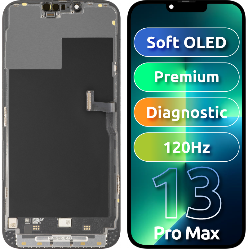 MP Touchscreen Display compatible with Apple iPhone 13 Pro Max, with Frame, Premium Soft OLED FHD 120Hz Diagnostic Version, Black