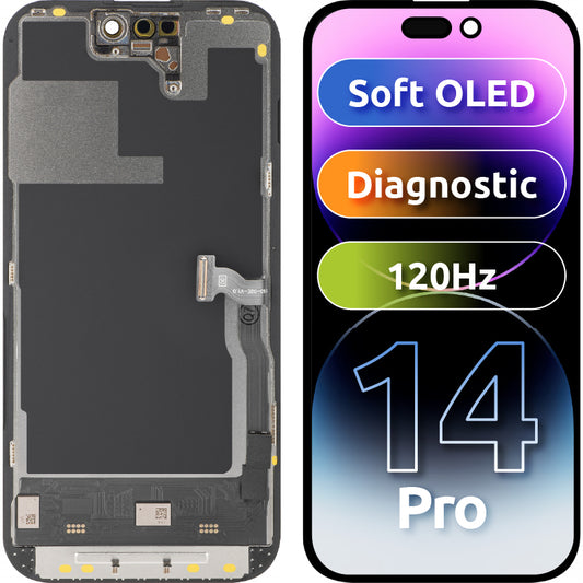 Οθόνη με Αφής MP συμβατή με Apple iPhone 14 Pro, με Πλαίσιο, Έκδοση Soft OLED 120Hz FHD Diagnostic, Μαύρη