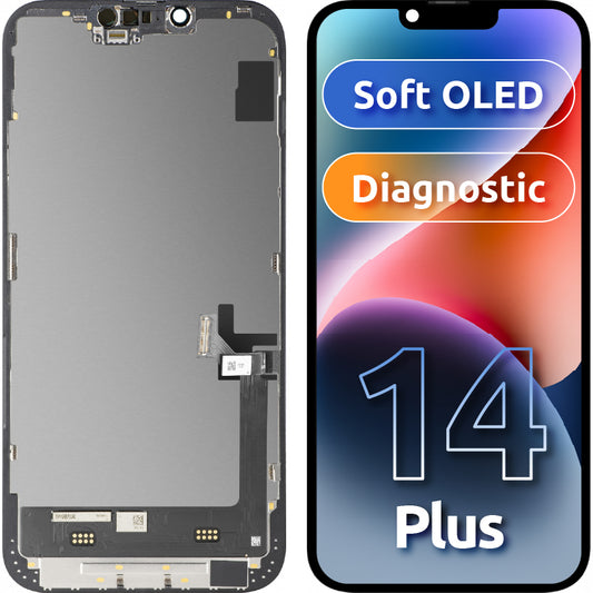Οθόνη με Αφή MP συμβατή με Apple iPhone 14 Plus, με Πλαίσιο, Έκδοση Soft OLED FHD Diagnostic, Μαύρη