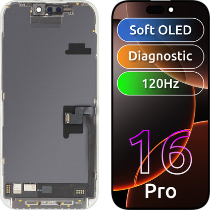MP Touchscreen Display compatible with Apple iPhone 16 Pro, with Frame, OLED FHD 120Hz Diagnostic Soft Version, Black
