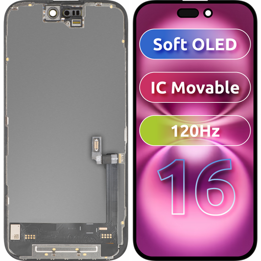 Οθόνη αφής MP συμβατή με Apple iPhone 16, με Πλαίσιο, Έκδοση Soft OLED FHD 120Hz IC Movable, Μαύρη
