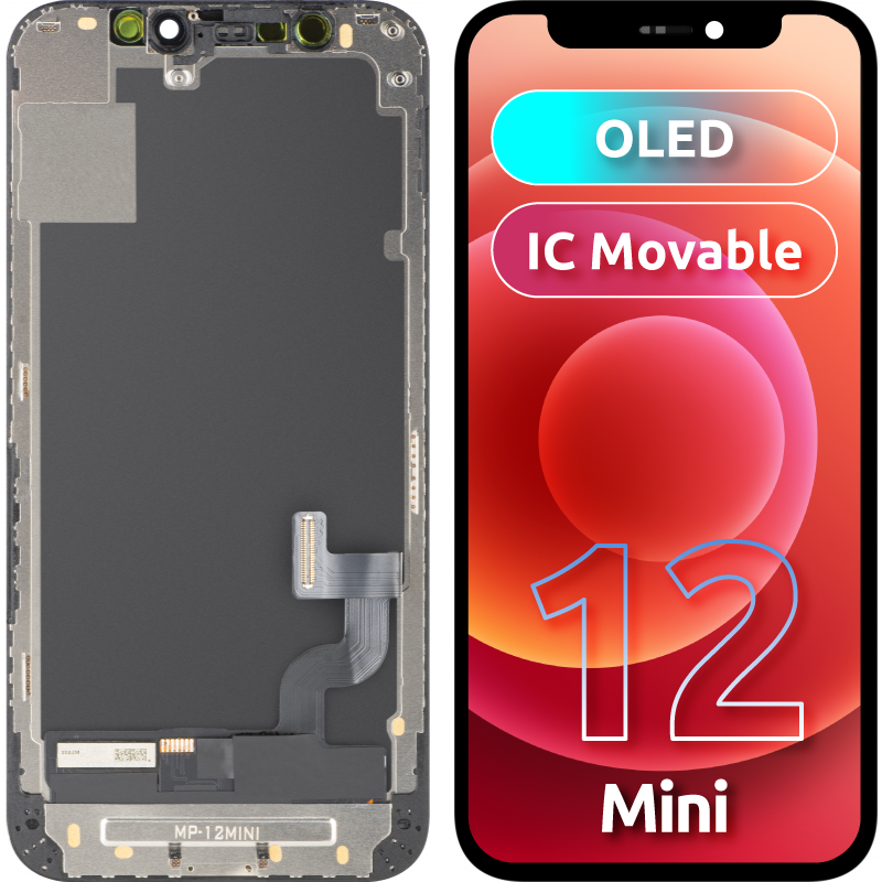 Οθόνη με Touchscreen MP συμβατή με Apple iPhone 12 mini, με πλαίσιο, έκδοση OLED FHD IC Movable, μαύρο