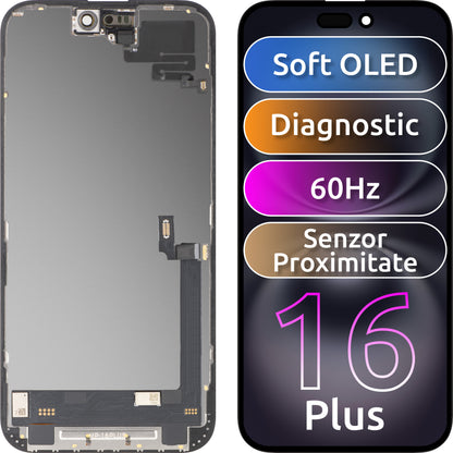 Touchscreen Display with MP Proximity Sensor compatible with Apple iPhone 16 Plus, with Frame, OLED FHD Diagnostic Software Version, Black