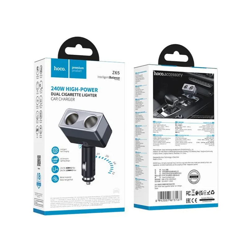 HOCO Z65 Lighter Extension, 240W, 2 Outputs