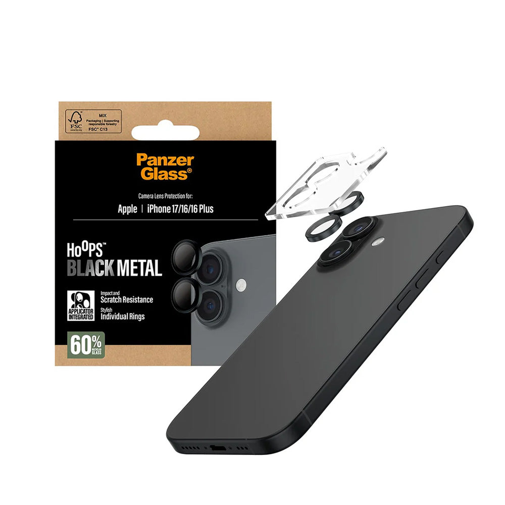 Προστατευτική Μεμβράνη Κάμερας Πίσω PanzerGlass Hoops για Apple iPhone 17 / 16 Plus / 16, Ενισχυμένο Γυαλί, Μαύρη