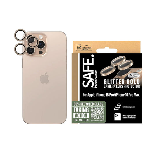 PanzerGlass Safe Rear Camera Protection Film. Glitter for Apple iPhone 16 Pro Max / 16 Pro, Tempered Glass, Gold
