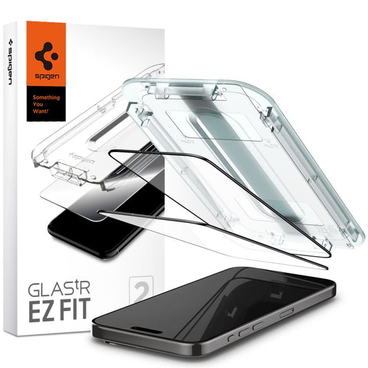 Προστατευτική Μεμβράνη Οθόνης Spigen GlastR EZ FIT για Apple iPhone 15 Pro, Ενισχυμένο Γυαλί, Πλήρης Κόλληση, Σετ 2 τεμαχίων, Μαύρη AGL06893