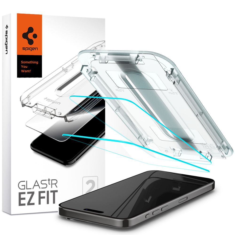 Προστατευτική μεμβράνη οθόνης Spigen GlastR EZ FIT για Apple iPhone 15 Pro, Ασφαλισμένο γυαλί, Πλήρης κόλλα, Σετ 2 τεμαχίων AGL06892