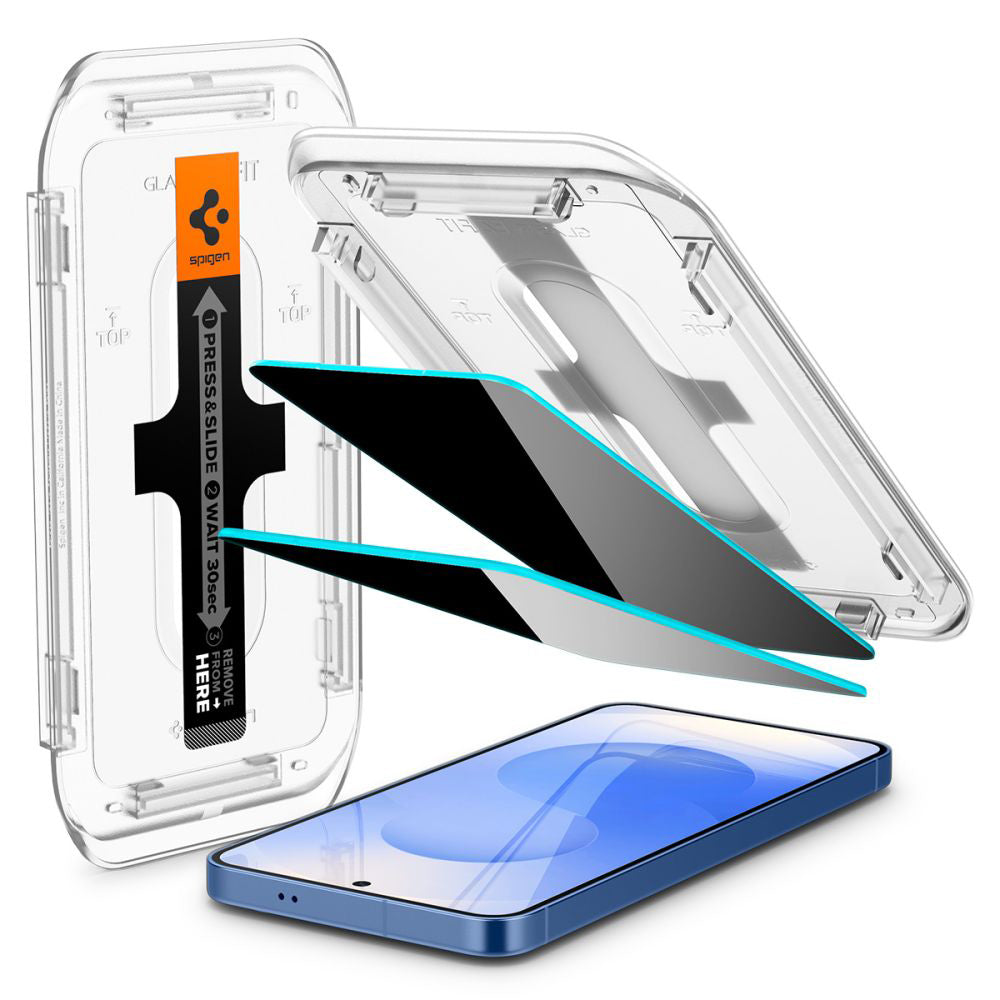Προστατευτική μεμβράνη οθόνης Privacy Spigen GlastR EZ FIT HD για Samsung Galaxy S25 S931 / S24 S921, Ασφαλισμένο γυαλί, Πλήρης κόλλα, Σετ 2 τεμαχίων