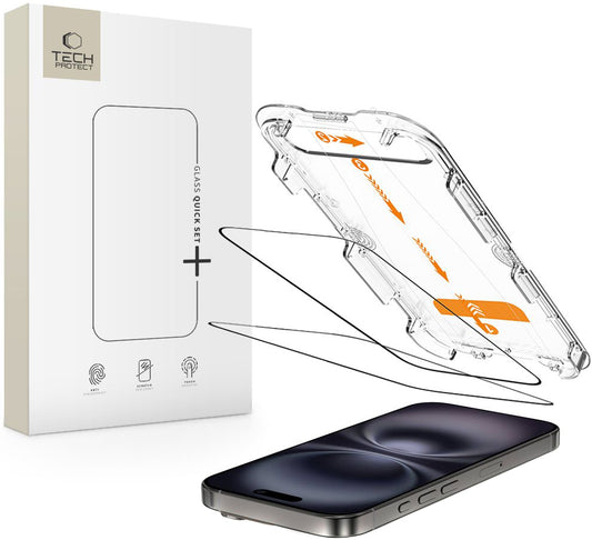 Προστατευτική Μεμβράνη Οθόνης Tech-Protect Quick Set+ για Apple iPhone 16 / 15, Ενισχυμένο Γυαλί, Πλήρης Κόλληση, Σετ 2 τεμαχίων, Μαύρη