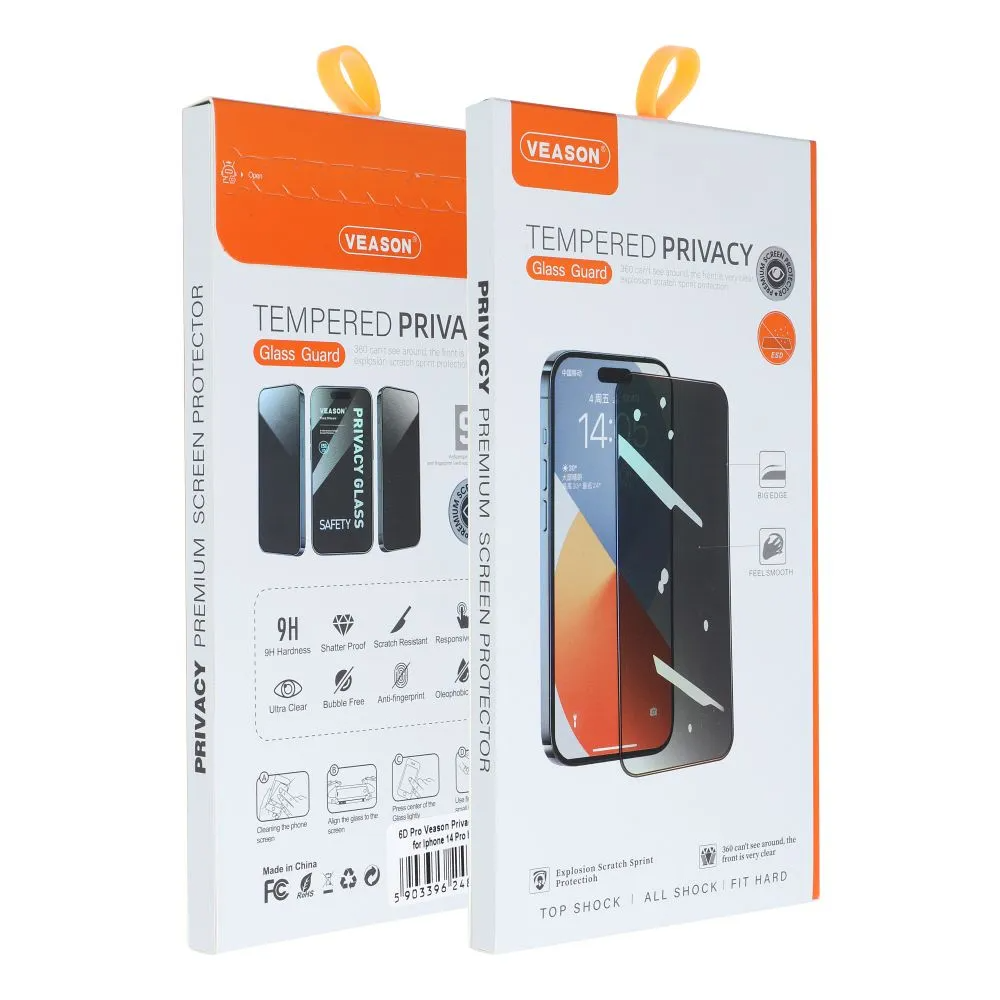 Προστατευτική μεμβράνη οθόνης Privacy Veason για Apple iPhone 17 Pro Max, Ασφαλισμένο γυαλί, Πλήρης κόλλα, 6D