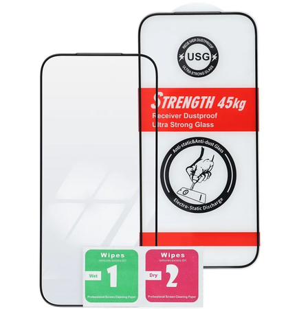 OEM Ultra Strong 45KG Screen Protector for Apple iPhone 16 Pro Max, Tempered Glass, Full Glue, 2.5D, Black