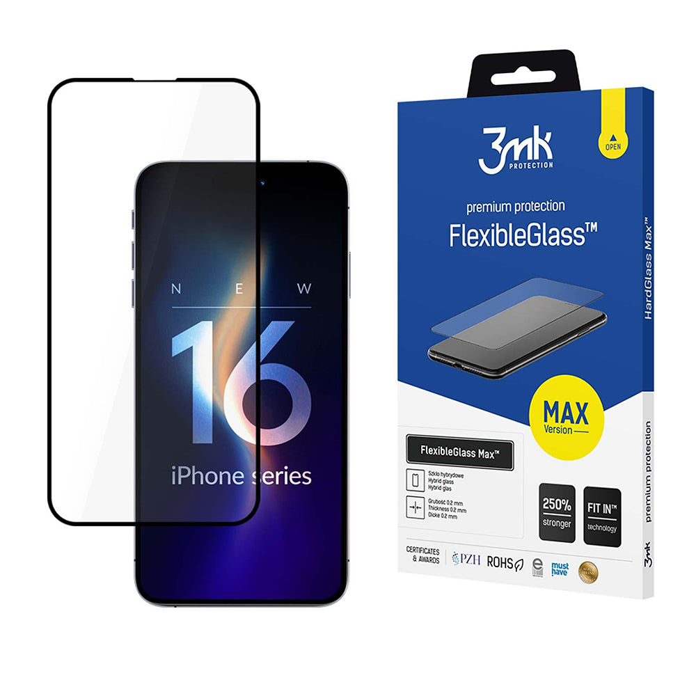 Προστατευτική μεμβράνη οθόνης 3MK FlexibleGlass Max για Apple iPhone 16 Pro, Ευέλικτο Γυαλί, Πλήρης Κόλλα, Μαύρο