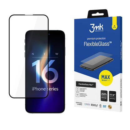 Προστατευτική μεμβράνη οθόνης 3MK FlexibleGlass Max για Apple iPhone 16 Pro, Ευέλικτο Γυαλί, Πλήρης Κόλλα, Μαύρο